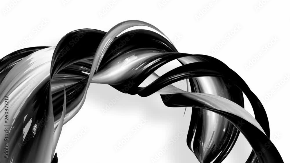 Poster 3d looped animation of abstract black-white ribbons twisting and move around with glitter in the lig