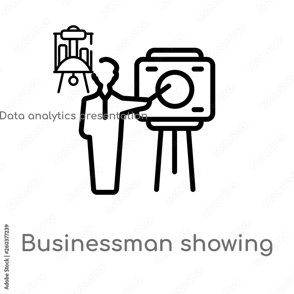 Poster outline businessman showing a project sketch vector icon. isolated black simple line element illustr