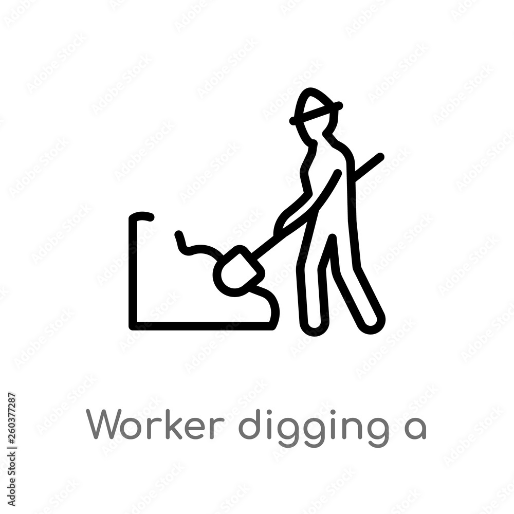 Poster outline worker digging a hole vector icon. isolated black simple line element illustration from busi