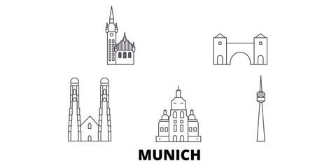 Germany, Munich flat travel skyline set. Germany, Munich black city vector panorama, illustration, travel sights, landmarks, streets.