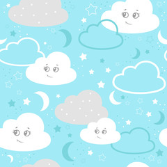 Children seamless pattern with cute clouds, stars on a blue background. vector illustration baby seamless pattern