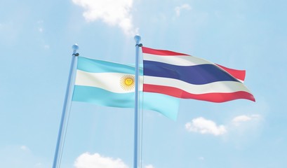 Argentina and Thailand, two flags waving against blue sky. 3d image