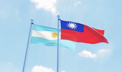 Argentina and Taiwan, two flags waving against blue sky. 3d image