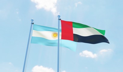 Argentina and UAE, two flags waving against blue sky. 3d image