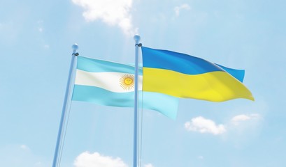 Argentina and Ukraine, two flags waving against blue sky. 3d image