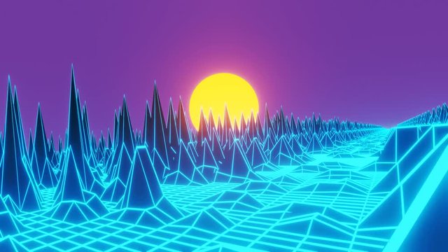 Retro style 3D 4K Landscape Side Sun wireframe futuristic loop animation 80'er vector