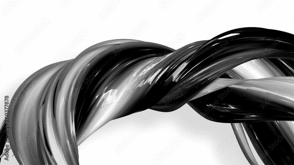 Poster 3d looped animation of abstract black-white ribbons twisting and move around with glitter in the lig