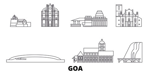India, Goa flat travel skyline set. India, Goa black city vector panorama, illustration, travel sights, landmarks, streets. - obrazy, fototapety, plakaty