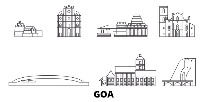 India, Goa flat travel skyline set. India, Goa black city vector panorama, illustration, travel sights, landmarks, streets.