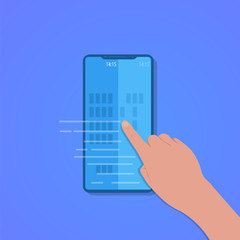 Finger touch of smartphone screen with blue background, vector