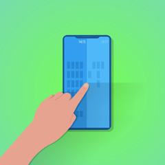 Finger touch of smartphone screen with green background, vector