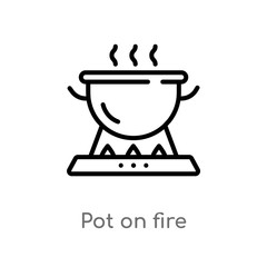 outline pot on fire vector icon. isolated black simple line element illustration from camping concept. editable vector stroke pot on fire icon on white background