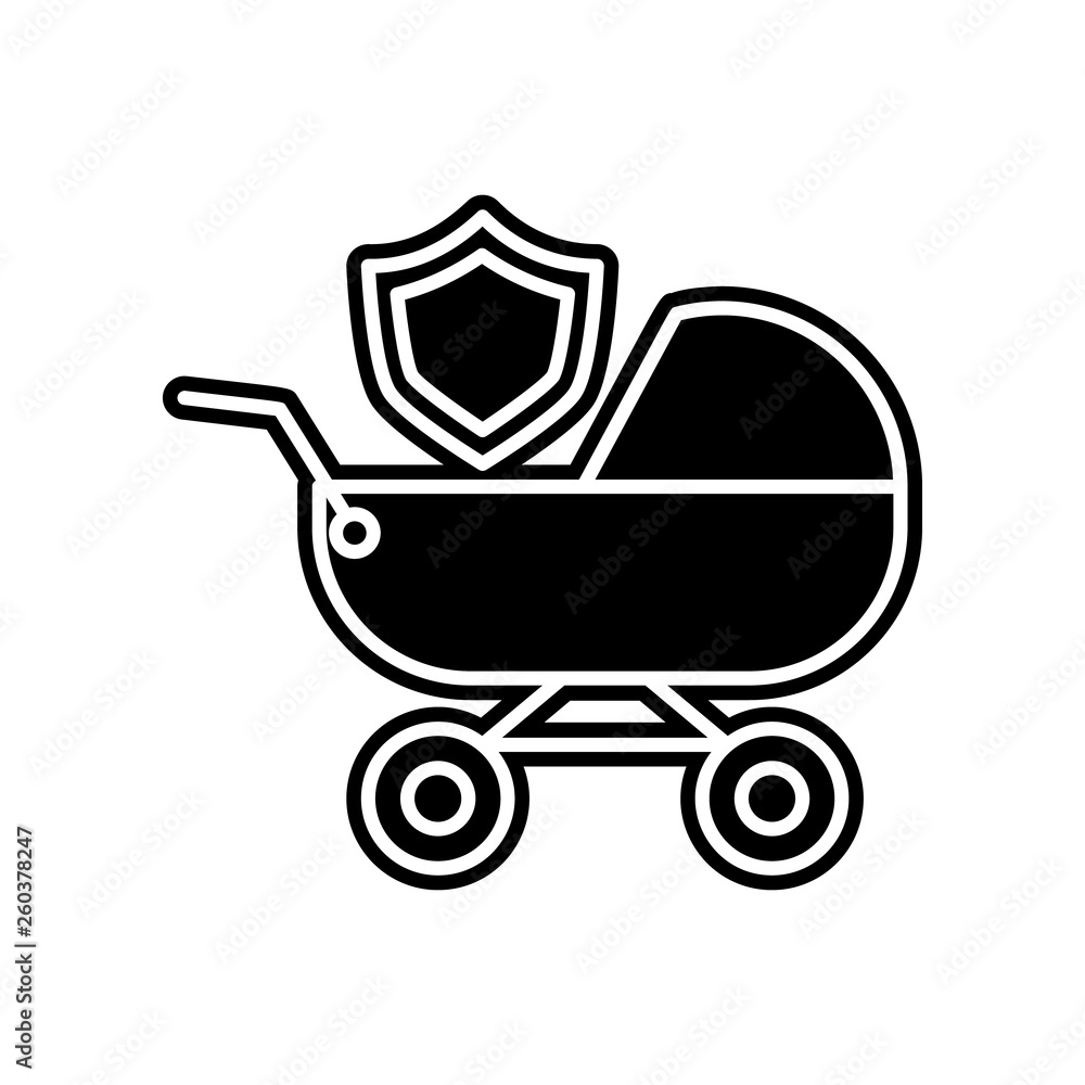 Poster baby stroller and shield icon. element of insurance for mobile concept and web apps icon. glyph, fla