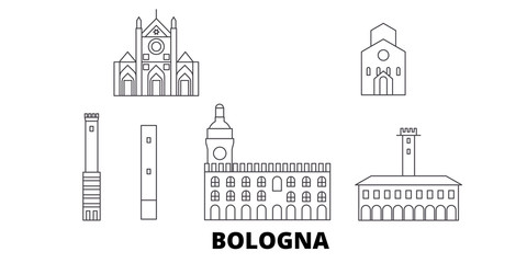 Italy, Bologna flat travel skyline set. Italy, Bologna black city vector panorama, illustration, travel sights, landmarks, streets. © iconsgraph