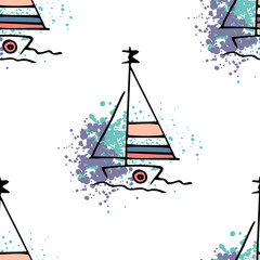 Nautical pattern yachts silhouette on wave.