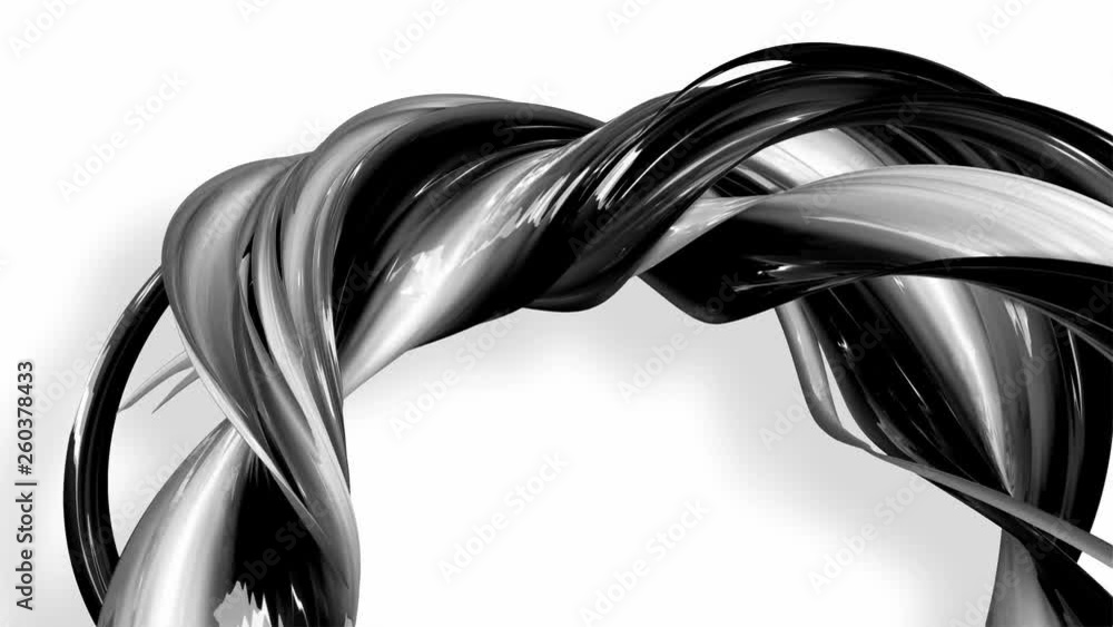 Poster 3d looped animation of abstract black-white ribbons twisting and move around with glitter in the lig