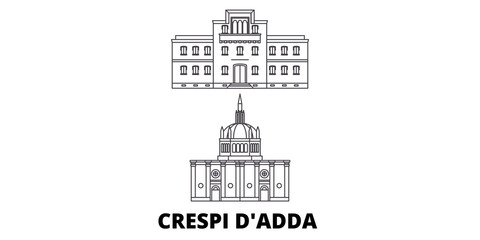 Italy, Crespi D'adda  flat travel skyline set. Italy, Crespi D'adda  black city vector panorama, illustration, travel sights, landmarks, streets.