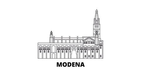Italy, Modena flat travel skyline set. Italy, Modena black city vector panorama, illustration, travel sights, landmarks, streets.