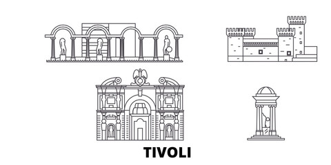 Italy, Tivoli flat travel skyline set. Italy, Tivoli black city vector panorama, illustration, travel sights, landmarks, streets.