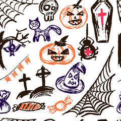 Halloween. Vector Seamless pattern. Collection of festive elements. Autumn holidays. Pumpkin, cobweb, skull, coffin, tree, bat, cemetery, candy, spider, flags, cat, witch hat