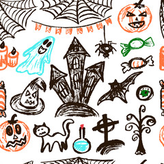 Halloween. Seamless Pattern. Vector illustration. Collection of festive elements. Autumn holidays. Pumpkin, cobweb, flags, candle, ghost, sinister castle, eye, potion, tree, candy