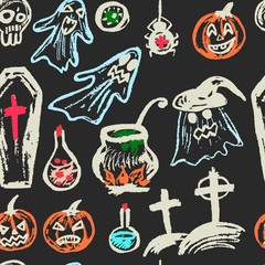 Halloween. Seamless pattern. Color chalk on a blackboard. Collection of festive elements. Autumn holidays. Ghosts, pumpkins, eyes, coffin, potion, skull, spider, cemetery, cauldron