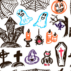Halloween. Seamless Pattern. Collection of festive elements. Autumn holidays. Pumpkin, spider web, ghosts, sinister castle, candle, owl, coffin, cemetery, tree, bat, spider