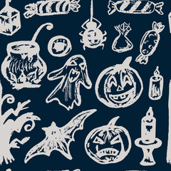 Halloween. Seamless Pattern. Collection of festive elements. Autumn holidays. Pumpkin, ghost, spider, candy, eye, cauldron, wood, bat, candle