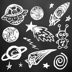 Cute children's drawing. Icons, signs, symbols, pins