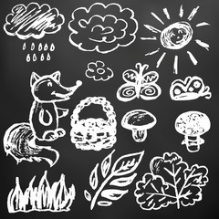 Cute children's drawing. Icons, signs, symbols, pins