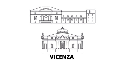 Italy, Vicenza flat travel skyline set. Italy, Vicenza black city vector panorama, illustration, travel sights, landmarks, streets.