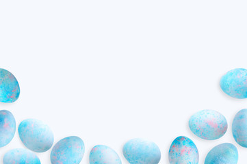 Background blue chicken easter eggs. White background. Place for text.