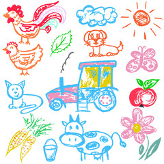 Cute children's drawing. Icons, signs, symbols, pins