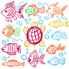 Cute children's drawing. Icons, signs, symbols, pins