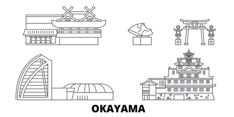 Japan, Okayama flat travel skyline set. Japan, Okayama black city vector panorama, illustration, travel sights, landmarks, streets.