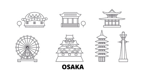 Japan, Osaka flat travel skyline set. Japan, Osaka black city vector panorama, illustration, travel sights, landmarks, streets.
