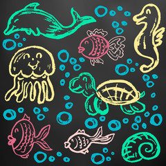 Cute children's drawing. Icons, signs, symbols, pins