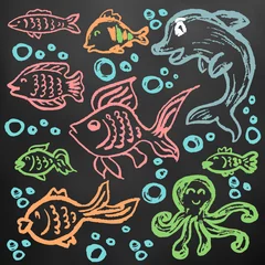Stickers muraux Sous la mer Dessin d& 39 enfants mignons. Icônes, signes, symboles, épingles
