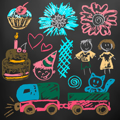Cute children's drawing. Icons, signs, symbols, pins