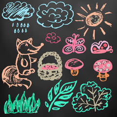 Cute children's drawing. Icons, signs, symbols, pins
