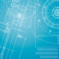 Computer aided design systems. Blueprint, scheme, plan, sketch. Blue and white background. Mechanical engineering drawing. Industry. Corporate Identity