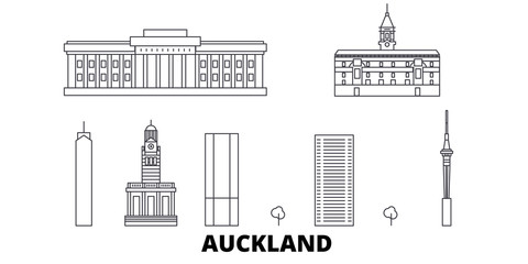 New Zealand, Auckland flat travel skyline set. New Zealand, Auckland black city vector panorama, illustration, travel sights, landmarks, streets. - obrazy, fototapety, plakaty