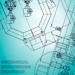 Blueprint, Sketch. Vector engineering illustration. Cover, flyer, banner, background. Instrument-making drawings. Mechanical engineering drawing. Technical illustrations, background. Light blue