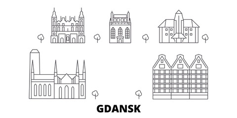 Poland, Gdansk flat travel skyline set. Poland, Gdansk black city vector panorama, illustration, travel sights, landmarks, streets.