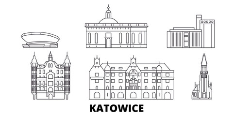 Poland, Katowice flat travel skyline set. Poland, Katowice black city vector panorama, illustration, travel sights, landmarks, streets.