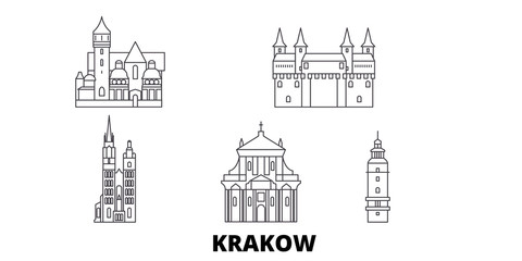 Poland, Krakow flat travel skyline set. Poland, Krakow black city vector panorama, illustration, travel sights, landmarks, streets.