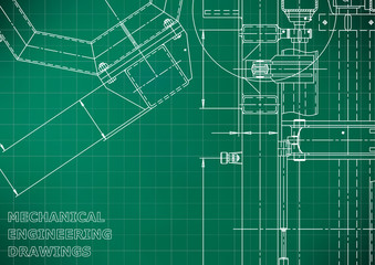 Vector engineering illustration. Mechanical engineering drawing. Instrument-making drawings. Computer aided design systems. Technical Light green background. Grid