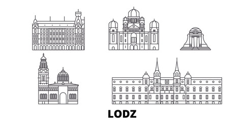 Poland, Lodz flat travel skyline set. Poland, Lodz black city vector panorama, illustration, travel sights, landmarks, streets.