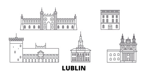 Poland, Lublin flat travel skyline set. Poland, Lublin black city vector panorama, illustration, travel sights, landmarks, streets.