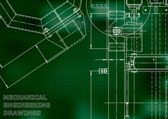 Vector engineering illustration. Mechanical engineering drawing. Instrument-making drawings. Computer aided design systems. Technical Green background. Points